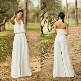 2020 Elegant bröllop Jumpsuit halter En linje Sexig Tillbaka Ankel Längd Boho Bröllopsklänning Billiga Bridal Byxor Suit Robes de Mariée