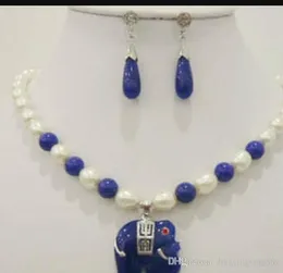 Joyería 00731 blanco Akoya perla cultivada azul jade elefante colgante collar pendientes joyería 8mm