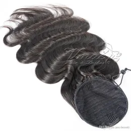 Vmae Brazilian Natural Black Virgin Drawstringポニーテールホーステール14〜30インチ織りストレートボディウェーブ本物の人間の髪のポニーテール