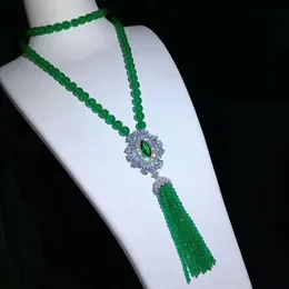 Charming 10 mm round green jade necklace micro inlay zircon accessories tassel necklace long 88-90 cm