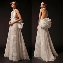 2019 KRIKOR JABOTIAN PROM DRESSES Deep V Neck Lace Appliqued En linje Sexig Backless Afton Dress Sweep Train Cocktail Party Gowns Custom Gjorda