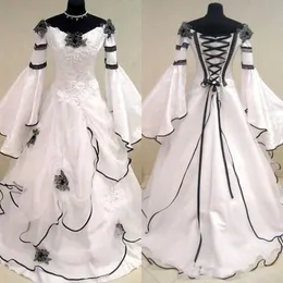 Vintage schwarz-weiße mittelalterliche Brautkleider mit langen ausgestellten Ärmeln, keltische Brautkleider in Übergröße, Vestido De Novia