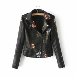 Top Women Jackets Floral Print Broderi Mjukt Läder Kvinnlig Jacka Coat Casual PU Motorcykel Punk Ytterkläder