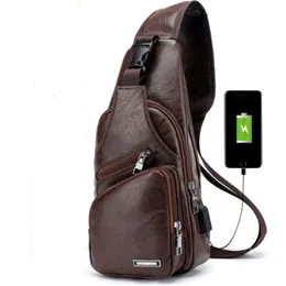 Skórzany torba Crossbody pojedyncza torba na ramię USB Sports Casual Chest Bag Męskie