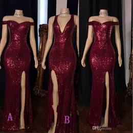 Bourgogne av axeln Mousserande Sequins Mermaid Long Prom Klänningar 2020 Baklösa Split Golv Längd Formell Party Evening Dresses BC3193