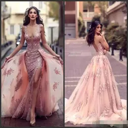 Pink Prom Rose 2020 Dresses with Overskirt Sequins Lace Applique Sheer Neck Plunging Sexy Side Slit Custom Made Formal Evening Party Gowns