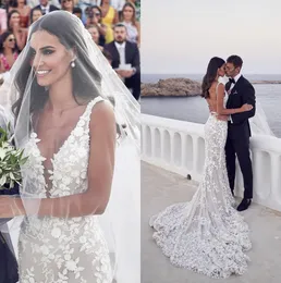 Robes de mariée de plage sirène dos nu 2020 col en V dentelle 3D appliques perlées balayage trompette Steven Khalil jardin robes de mariée de mariée260P