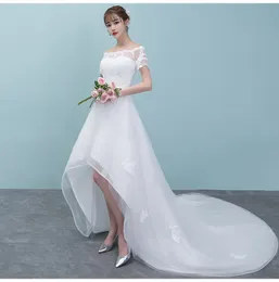 New High Low Short Wedding Dress With Short Sleeves High Low Lace-Up Lace Tulle Women Informal Country Wedding Gown Custom Made