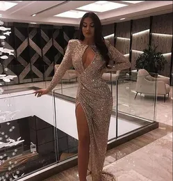 2019 ASO EBI Arabski Sparkly Cekinowe Suknie Wieczorowe Długie Rękawy Wysokie Split Prom Dresses Mermaid Formalne Party Drugi Reception Suknie