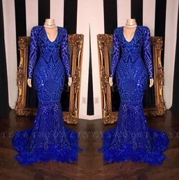 Royal Blue Lace Feather Mermaid Prom Dresses Black Girls V Neck Long Sleeves Sweep Train Formal Evening Party Gowns Real Image BC3607