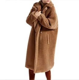 테디 코트 누에 고치 모양의 긴 소매 어린 양 모직 겨울 코트 가짜 모피 두껍게 따뜻한 롱 자켓 코트 여성 느슨한 겉옷