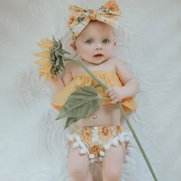 emmababy 3Pcs Newborn Infant Baby Girl clothes set Off Shoulder Tops +sunflower tassel Shorts+ Headband outfit clothes set