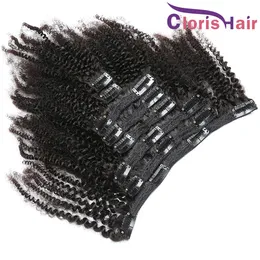 Full Head Afro Kinky Curly Clip In Extensions 1B Natural Black Peruvian Virgin Human Hair Weave Clip Ins 8pcs 120g/set Fast Delivery