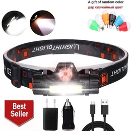 Najgorętsza LED Headlamp Potężny reflektor XPE + COB USB Rechargeable Headlamp Wbudowana Bateryjna Lekka Wodoodporna Pochodnia Kempingowa