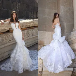 Sexy Mermaid Wedding Dresses Sexy Sweetheart Sleeveless Full Appliqued Sequins Lace Big Bow Tiered Wedding Gown Sweep Train Bridal Gown