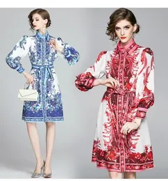 New Design Women's Ethnic National Style Baroque Floral Print Lantern Long Sleeve Sashes Knee Length Loose Dress MLXLXXL