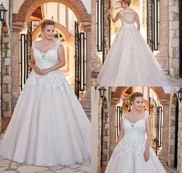 Eddy K Plus Size Suknie Ślubne Sheer Jewel Neck Krótkie Rękawy Linia Koronkowe Aplikacje Przycisk Back Country Wedding Dress Custom Made Suknie