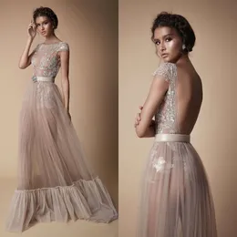 Berta 2020 Evening Dresses Jewel Capped Sleeves Lace Appliques Prom Gowns Open Back Sweep Train A Line Special Occasion Dress
