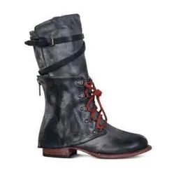 Sıcak Satış-Kadınlar Sonbahar Kış Pu Deri Lace Up Boots Orta Buzağı Bayanlar Vintage Toka Kayış Platformu Binme Boots Zapatos Mujer Zip Ayakkabı