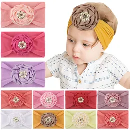 New Europe Infant Baby Pearl Beads Flower Headband Soft Nylon Headband Kids Wide Hair Band Children Headwear Hair Accessory 10 Colors A717