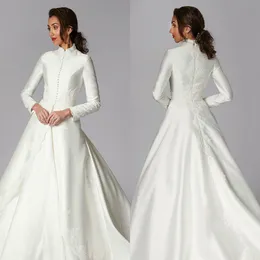 Modest A Line Wedding Dresses Jewel Neck Long Sleeve Appliques Custom made Satin Plus Size Wedding Dress Sweep Train Robes De Mariée