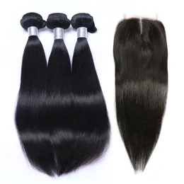 8A Cambodian Virgin Straight Hair Bundles with Lace Closure 100% Cambodian Remy Human Hair Weave Closures Natural Color 1B Can Bleach & Dye