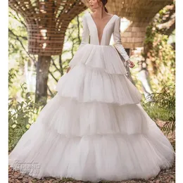 Moilla Nova Beach Wedding Dresses Deep V Neck Long Sleeve Bridal Gowns Tiered Ruffles Floor Length Plus Size Tulle Wedding Dress