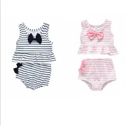 Girl Swimwear Kids Striped Swimsuit Two-piece Baby Bowknot Sleeveless Bathing Suits Summer Fashion Princess Beachwear Bikini Suits C857