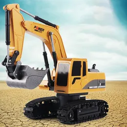 Electric/RC Car XZS Diecast RC Alloy Excavator Digger Toy 2.4G 6 Channels One Button Demonstration with Lights 1 24 Scale Xmas Kid Birthday Gifts 240314