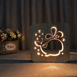 Lampada da notte in legno con balena Luci notturne a LED 3D per la camera da letto dei bambini, luce da comodino, regalo per feste di compleanno