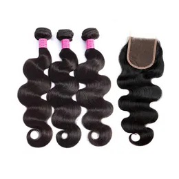 Indian Virgin Hair 3 buntar Partihandel Body Wave med 4x4 spetsavslutning med barnhår Wefts med stängningar