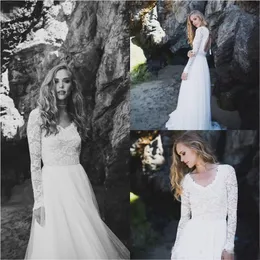 Elegant Bohemian Wedding Dresses V Neck Lace Long Sleeve Country Bridal Gowns Open Back Tulle Princes Plus Size wedding dresses