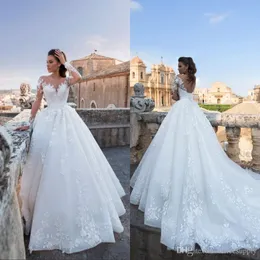 Koronkowe sukienki Sheer Long Rleeve Applique Backless Wedding Suknie ślubne suknie ślubne z koronkowymi w górę Vestidos de Novia Up