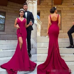 Dark Red Prom Dresses Straps Chiffon Tiered Skirt Sweep Train Side Slit Mermaid Custom Made Evening Party Gowns Formal Ocn Wear