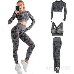 Kamuflaj Dikişsiz Yoga Takım Elbise Yoga Sutyen Spor Suits Spor Giyim Giyim Spor Pantolon Egzersiz + Uzun Kollu Giyim Kadınlar