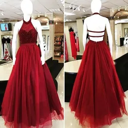 Red Beaded Crystal Prom Dresses A-Line Halter Top Open Back Ruched Suknie Wieczór Wear Party Dress Suknie wieczorowe Custom Made 2019
