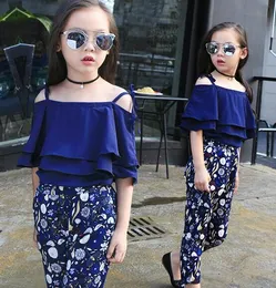 Girl Boutique Clothing Sets Baby Off Shoulder Tops Pant Set Chiffon Tee Shirt Floral Print Pants Children Beachwear Suit GGA3508-2