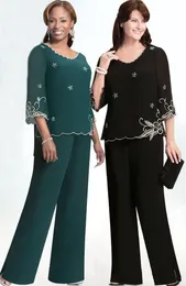 Gorgeous Green/Black Embroidery Mother Of The Bride Pant Suits Plus Size 4/3 Sleeve Chiffon Jewel Neck For Wedding Mother Groom Gowns