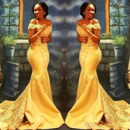 African Nigerian Yellow Mermaid Prom Dresses Long 2019 Off Shoulders Lace Sequined Satin Evening Prom Gowns BA8405300v