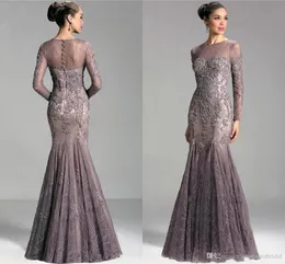 2020 Mermaid Mor of the Bride Dresses Jewel Neck Lace Appliques Beaded Illusion Långärmad Plus Size Evening Dress Wedding Guest Dress