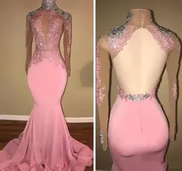 Abiti da sera sexy indossano 2019 New High Neck Illusion Appliques in pizzo Abito da ballo in rilievo Mermaid maniche lunghe Backless Sweep Train Abiti da festa