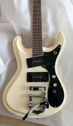 Gratis frakt Johnny Ramone Vibramute Venture 1966 Cream White Electric Guitar Bigs Tremolo Bridge, Svart P90 Pickup, Small Dot Inlay
