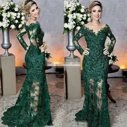 Luxury Dark Green Lace Mermaid Mother of the Bride Dress Sheer Bateau Neck Illusion Long Sleeves Formal Dresses Evening Party Gowns