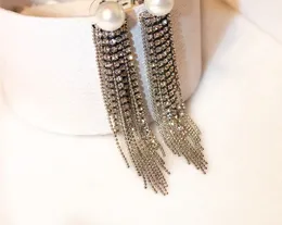 Wholesale-New trendy fashion luxury designer full diamonds rhinstone tassel pearl stud earrings for woman girls