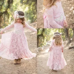 Lace Flower Vintage Girls Dresses Long Sleeves Jewel Neck Ankle Length Beaded Crystal Rhinestones Kids Formal Wear Birthday Party Gown