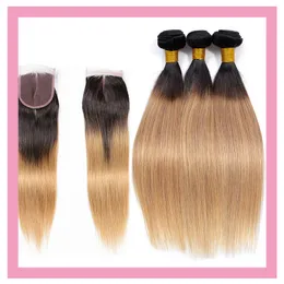 Indian Virgin Hair 3 Bundles With 4X4 Lace Closure Silky Straight 1B 27 Two Tones Color Straight 4Pieces