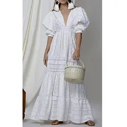 Letnia damska Deep-V Puff Sleeve Lace Solid Casual Sukienka Kobieta White Hollow Out Holiday Beach Dress