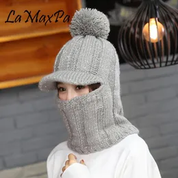 Lamaxpa 2018 nya mode solida tjocka kvinnor scarfhat set med pompom 1pcs stickad vinter varm beanis wrap vindtät dropshiping