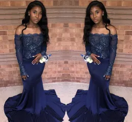 New Arrival Dark Navy Mermaid Prom Dresses Off Shoulder Lace Appliques Sequnins Illusion Long Sleeves Cheap Evening Party Gowns Wear