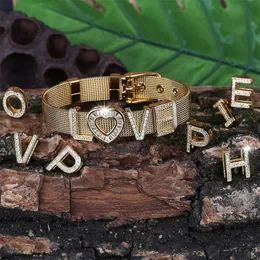 Fashion-Rose Gold Iced Out CZ Cubic Zirconia Hip Hop Custom Name Strap Bangle Bracelet DIY Letters Lovers Wristband Smycken för män Kvinnor